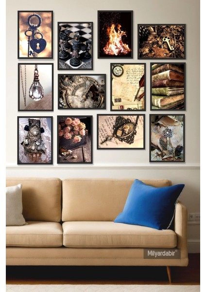 Renkli Anahtar ve Saat Illüstrasyonlarıyla 12 Parça Mdf Tablo Seti