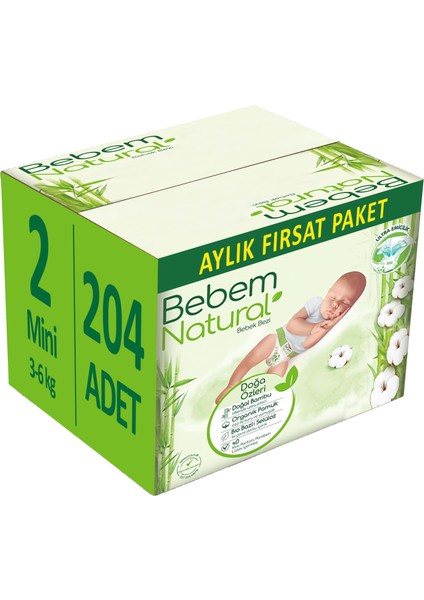 Bebem Bebek Bezi Natural Beden:2 (3-6kg) Mini 204 Adet Aylık Fırsat Pk
