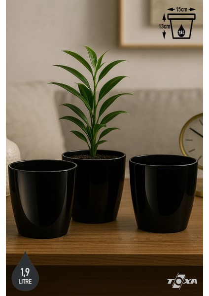 3 Adet 1,9 Litre 15cm Kirli Beyaz Izgaralı Tabaksız Plastik Saksı Seti Yakut No2