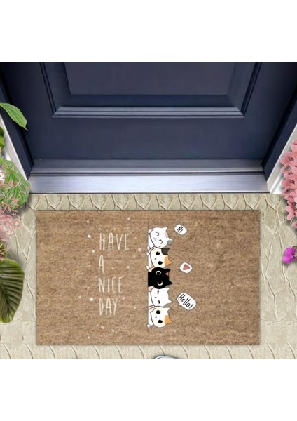 Kahverengi Kapı Önü Paspası Have A Nice Day Kedicikler Desen K-3241