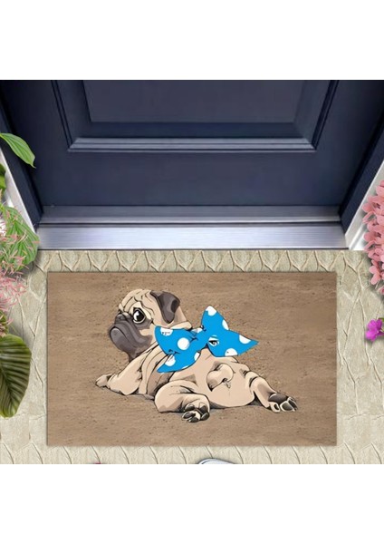 Dijital Baskı Kahverengi Mavi Kurdelili Pug Kapı Paspası K-2107