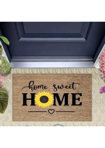 Bej Kapı Önü Paspası Home Sweet Home Papatyalı Desen K-3342