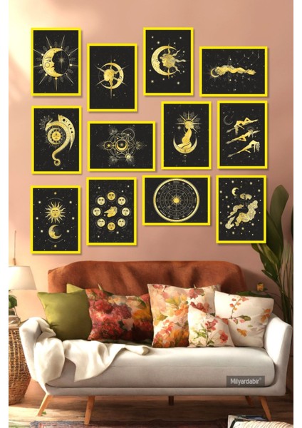 12 Parça Renkli Mdf Tablo Seti ile Evinize Güneş ve Ay Büyüsü