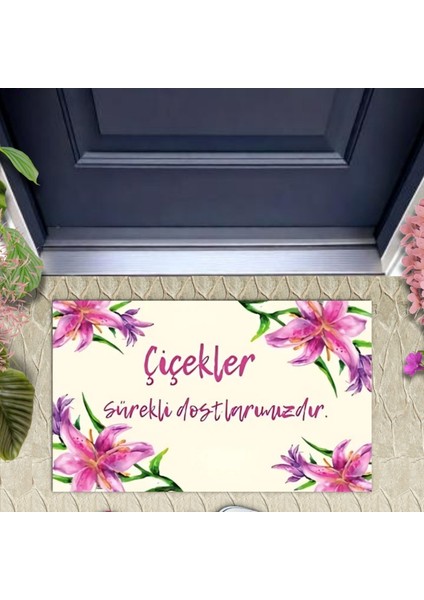 Dijital Baskı Dekoratif Zambak Pembe Kapı Önü Paspası K-1204