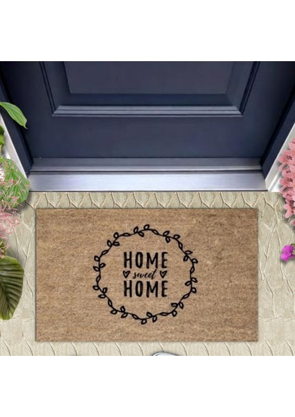 Bej Kapı Önü Paspası Home Sweet Home Kalpli Desen K-3299