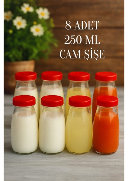 8 Adet 250 ml Şeffaf Sürahi Süt, Ayran, Su, Limonata, Meşrubat Şişesi Plastik Kapaklı Cam Şişe