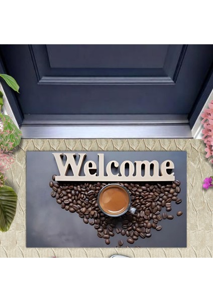Dijital Baskı Dekoratif Welcome Koyu Gri Kapı Önü Paspası K-1251