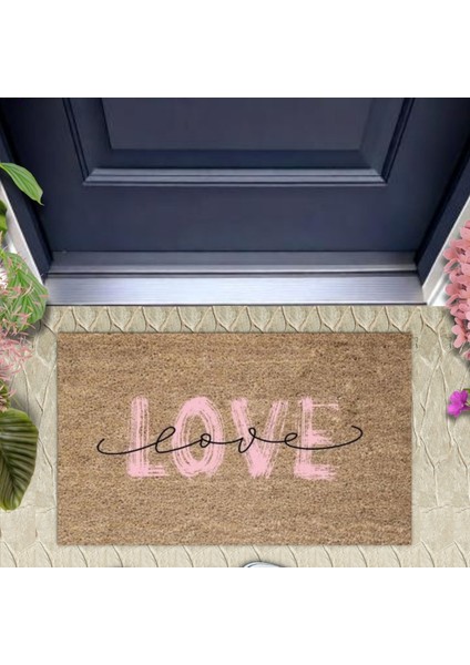 Pembe Kapı Önü Paspası Love Desen K-3297