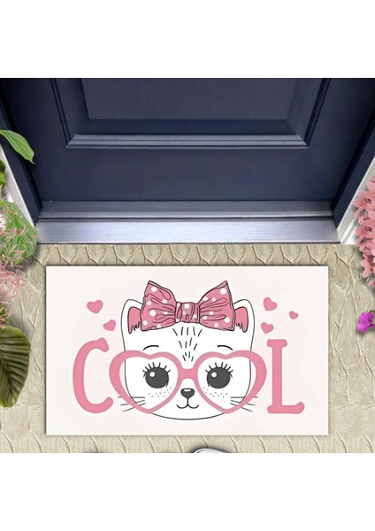 Dijital Baskı Beyaz Cool Pembe Gözlüklü Fiyonklu Kedi Dekoratif Kapı Paspası K-2038