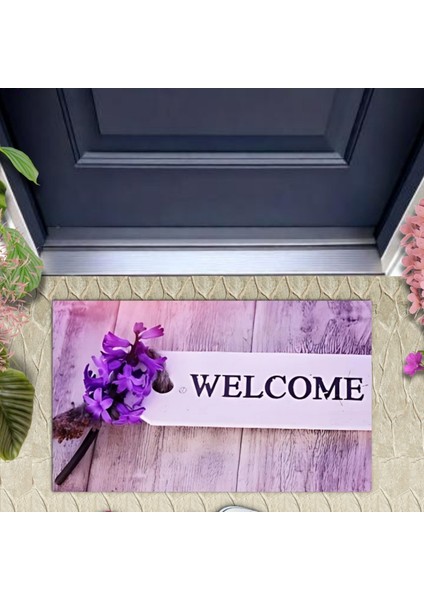 Dijital Baskı Dekoratif Welcome Lila Kapı Önü Paspası K-1254