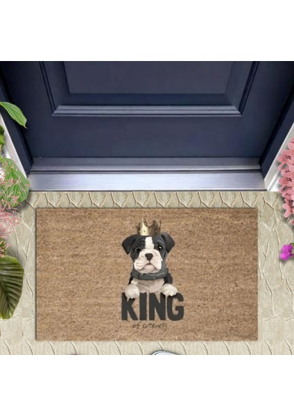 Dijital Baskı Kahverengi King Yazılı Taçlı Köpek Dekoratif Kapı Paspası K-2052