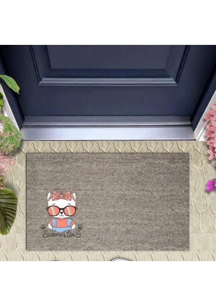 Dijital Baskı Gri Summertime Yazılı Fiyonklu Gözlüklü Beyaz Kedi Dekoratif Kapı Paspası K-2051