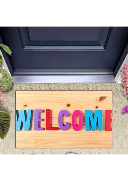 Dijital Baskı Dekoratif Welcome Ahşap Kapı Önü Paspası K-1247