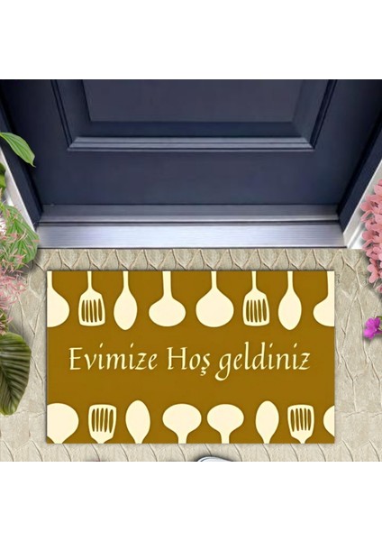 Dijital Baskı Kahverengi Kaşık Desen Kapı Önü Paspası K-1041