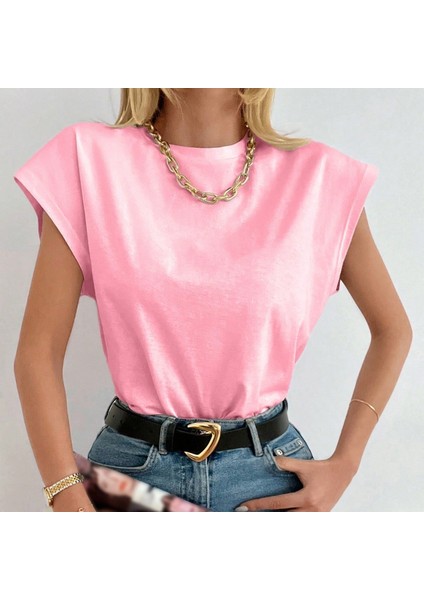 Kadın Pembe Düşük Kol Pamuklu Örme T-Shirt modelleri