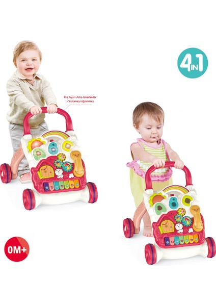 Piyanolu 4in1 Turkuaz Bebek Yürüteci (Pembe Renk)