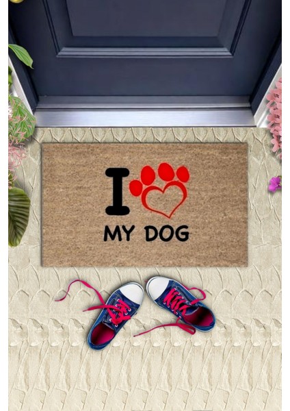 Dijital Baskı Kahverengi Kırmızı Kalpli I Love My Dog Dekoratif Kapı Paspası K-2016 fiyatları