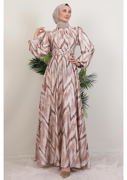 Belden Kuşaklı Saten Elbise Kahve