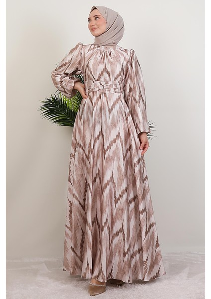 Belden Kuşaklı Saten Elbise Kahve modelleri