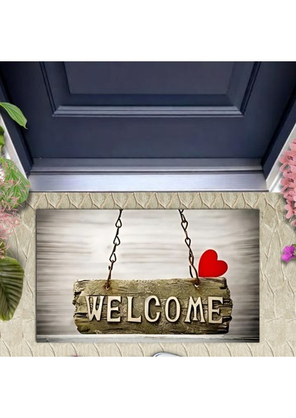 Dijital Baskı Dekoratif Welcome Gri Kapı Önü Paspası K-1248