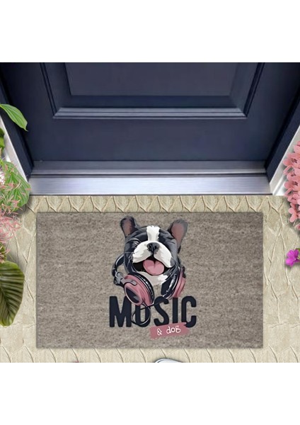 Dijital Baskı Gri Music Yazılı Kulaklıklı Köpek Dekoratif Kapı Paspası K-2043