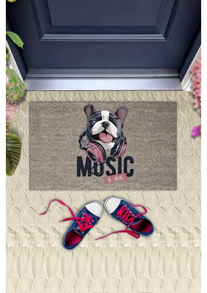 Dijital Baskı Gri Music Yazılı Kulaklıklı Köpek Dekoratif Kapı Paspası K-2043 fiyatları