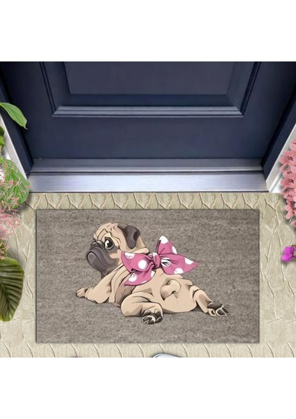 Dijital Baskı Gri Pembe Fiyonklu Yüzüstü Yatan Köpek Dekoratif Kapı Paspası K-2037
