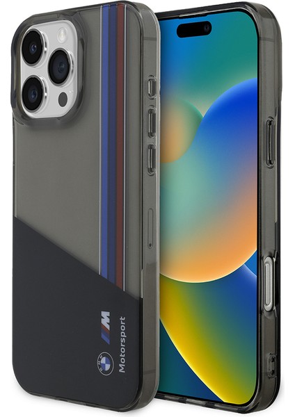 iPhone 16 Pro Max Uyumlu Kılıf Bmw Orjinal Lisanslı Yarı Transparan M Dizayn Çizgili Kapak Siyah