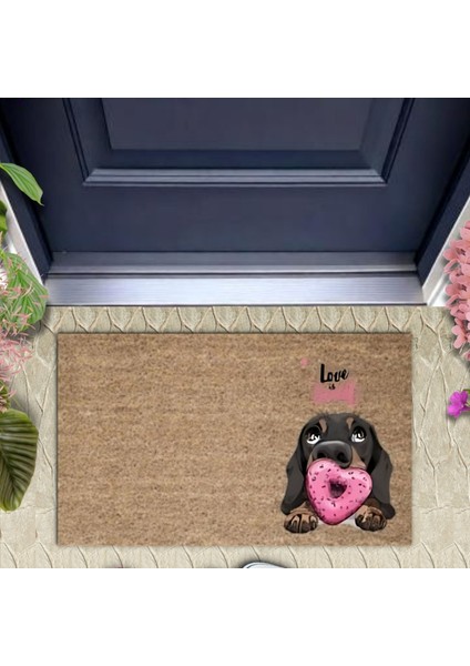 Dijital Baskı Kahverengi Love Sweet Pembe Uzun Kulaklı Köpek Dekoratif Kapı Paspası K-2056