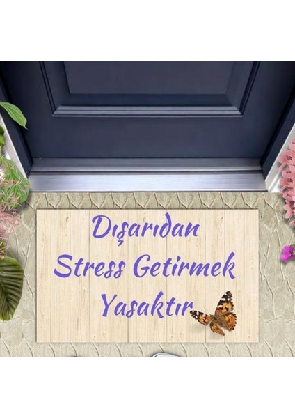 Dijital Baskı Krem Kelebek Desen Kapı Önü Paspası K-1016