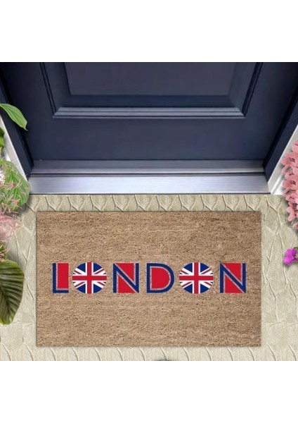 Dijital Baskı Kahverengi London Bayrak Paspas K-3156