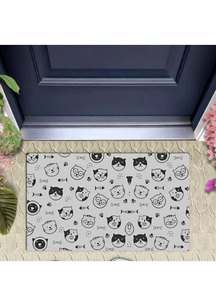 Dijital Baskı Dekoratif Çoklu Kedi Bej Kapı Önü Paspası K-1208