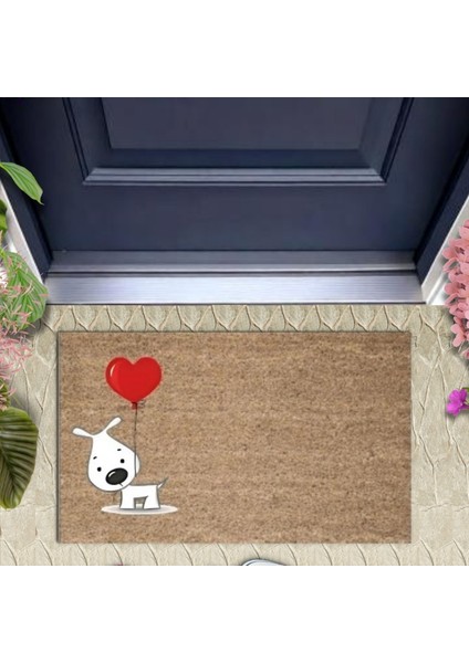 Dijital Baskı Kahverengi Kırmızı Balonlu Beyaz Köpek Dekoratif Kapı Paspası K-2014