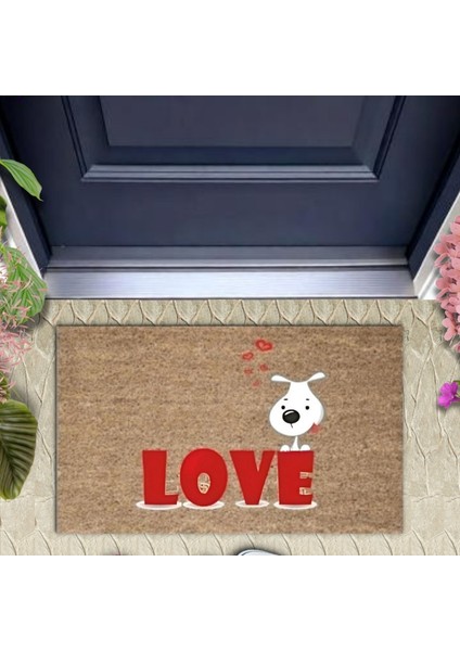 Dijital Baskı Kahverengi Kırmızı Love Yazılı Beyaz Köpek Dekoratif Kapı Paspası K-2013