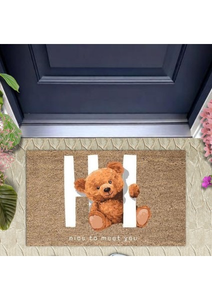 Dekoratif Dijital Baskı Nice To Meet You Ayıcık Bej Kapı Paspası Dış Mekan Paspas K-3061
