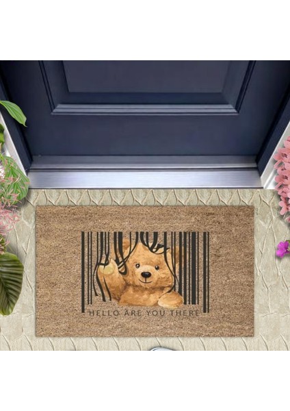 Kahverengi Kapı Önü Paspası Hello Are You There Ayıcık Desen K-3283