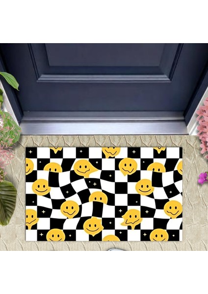 Dekoratif Dijital Baskı Gülen Emojiler Sarı-Siyah Kapı Paspası Dış Mekan Paspas K-3128