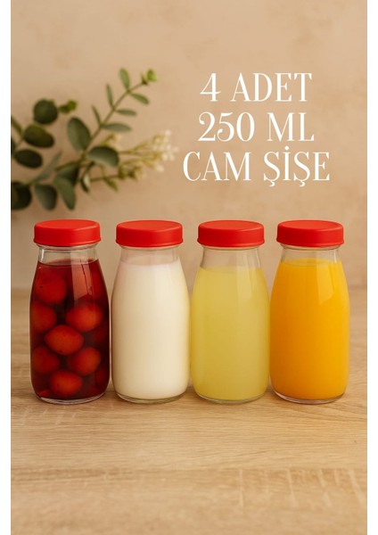 4 Adet 250 ml Şeffaf Sürahi Süt, Ayran, Su, Limonata, Meşrubat Şişesi Plastik Kapaklı Cam Şişe
