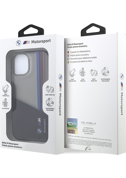 iPhone 14 Uyumlu Kılıf Bmw Orjinal Lisanslı Yarı Transparan M Dizayn Çizgili Kapak Siyah