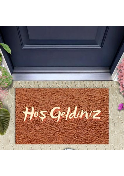 Dijital Baskı Dekoratif Hoş Geldiniz Kahverengi Kapı Önü Paspası K-1231