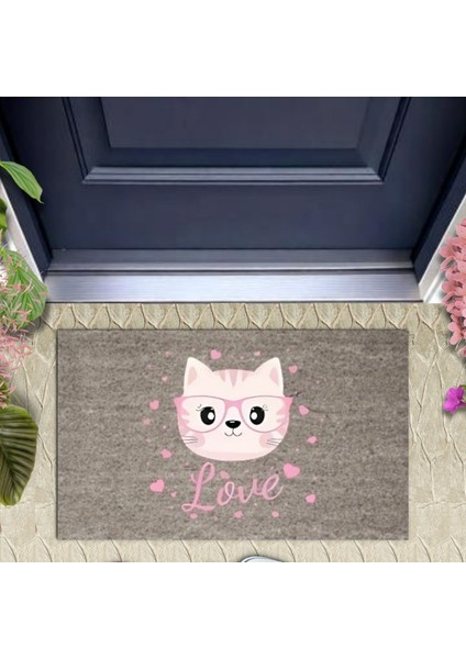 Dijital Baskı Gri Love Yazılı Pembe Gözlüklü Kedi Dekoratif Kapı Paspası K-2049