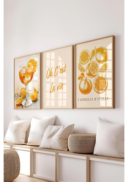 Sarı Ahşap Çerçeveli Mutfak Tablosu Seti, 3 Parça, Dekoratif Posterler