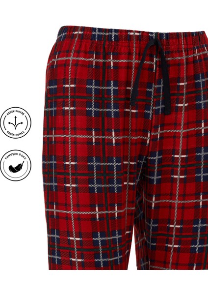 Kadın Kırmızı Pijama Altı Süet Kumaş Ekoseli Rahat Kalıp Kurdeleli Esnek Yumuşak Doku Cepsiz fiyatları