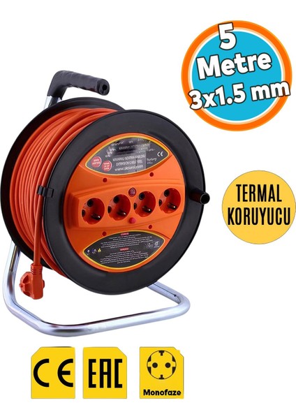 Uzatma Kablosu Makaralı Cca 3x1.5 mm 35 Metre Plastik Seyyar Makara Termal Sigortalı 4 Prizli Monofaze