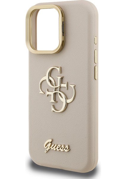 iPhone 15 Pro Uyumlu Kılıf Guess Orjinal Lisanslı Grained Yazı Logolu Kamera Standlı Kapak Bej