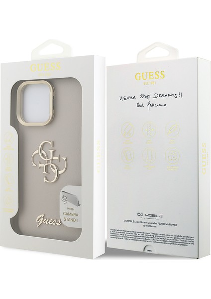 iPhone 15 Pro Uyumlu Kılıf Guess Orjinal Lisanslı Grained Yazı Logolu Kamera Standlı Kapak Bej