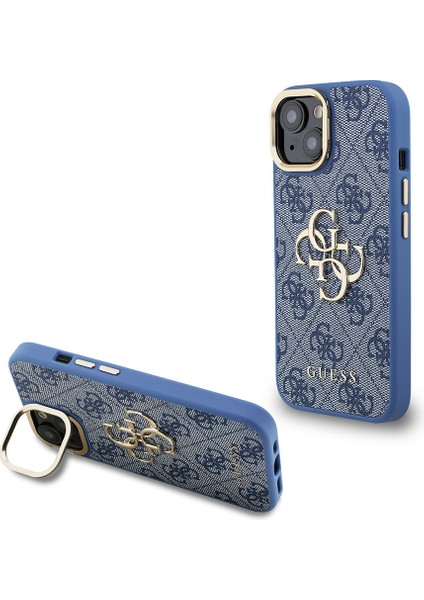 iPhone 15 Uyumlu Kılıf Guess Lisanslı Metal 4g ve Yazı Logolu Kamera Standlı Kapak Mavi