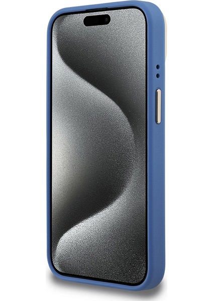 iPhone 15 Uyumlu Kılıf Guess Lisanslı Metal 4g ve Yazı Logolu Kamera Standlı Kapak Mavi