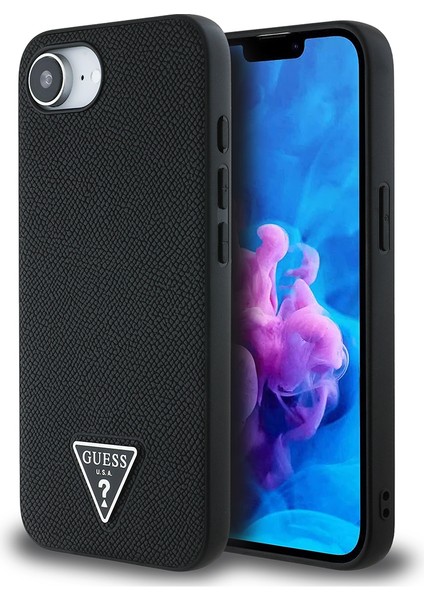 iPhone 16E Uyumlu Kılıf Guess Orjinal Lisanslı M-Safe Şarj Özellikli Grained Triangle Kapak Siyah