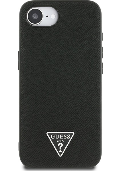 iPhone 16E Uyumlu Kılıf Guess Orjinal Lisanslı M-Safe Şarj Özellikli Grained Triangle Kapak Siyah modelleri